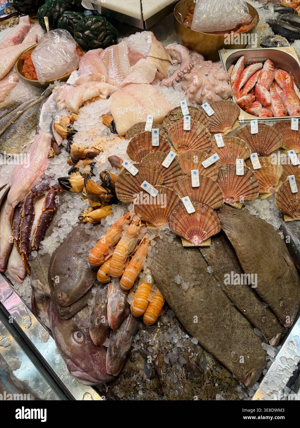 Display of fish and shellfish at Torvehallerne market, Copenhagen, Denmark. - Smartphone Captured Stock Image