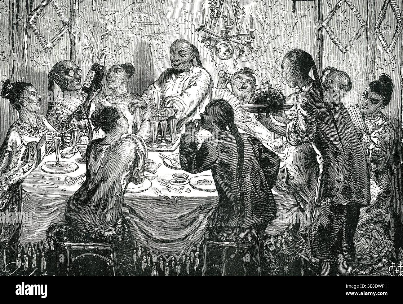 A banquet in MACAO. Engraving, 1868 Stock Photo