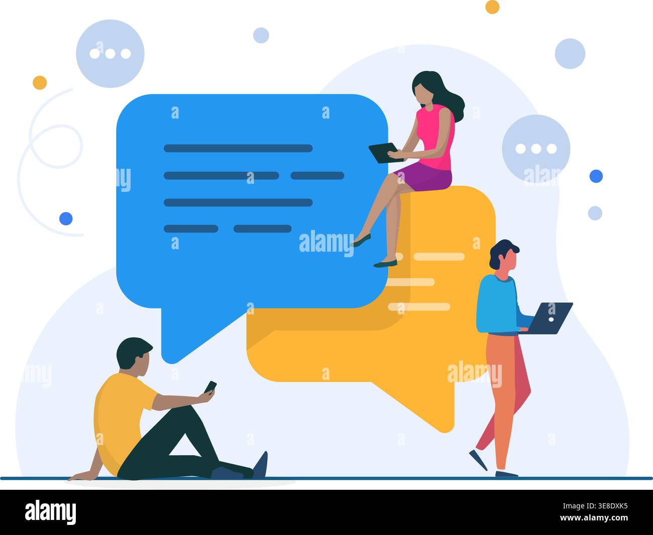 A vibrant flat vector illustration featuring people interacting with large speech bubbles using mobile devices and laptops. Stock Vector