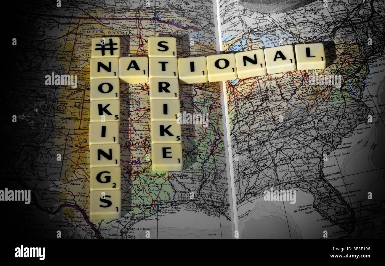 USA #NoKings concept image, National Strike letter tiles on US map, illustrating planned protest action, political dissent and hashtag activism Stock Photo