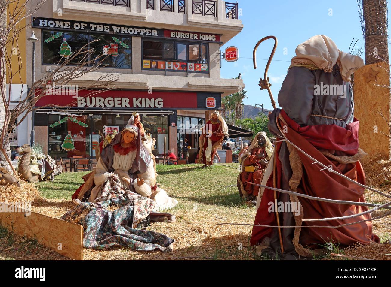 Outdoor Nativity scene beside Burger King in Tenerife, Canary Islands, Spain. Stock Photo