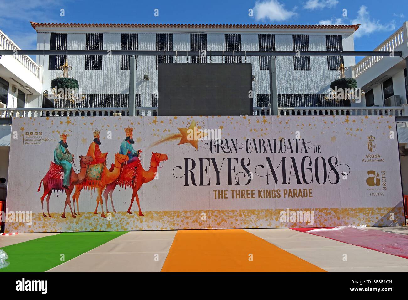 Three Kings Parade advert in Los Cristianos, Tenerife, promoting the Reyes Magos celebrations in Arona in early January. Stock Photo