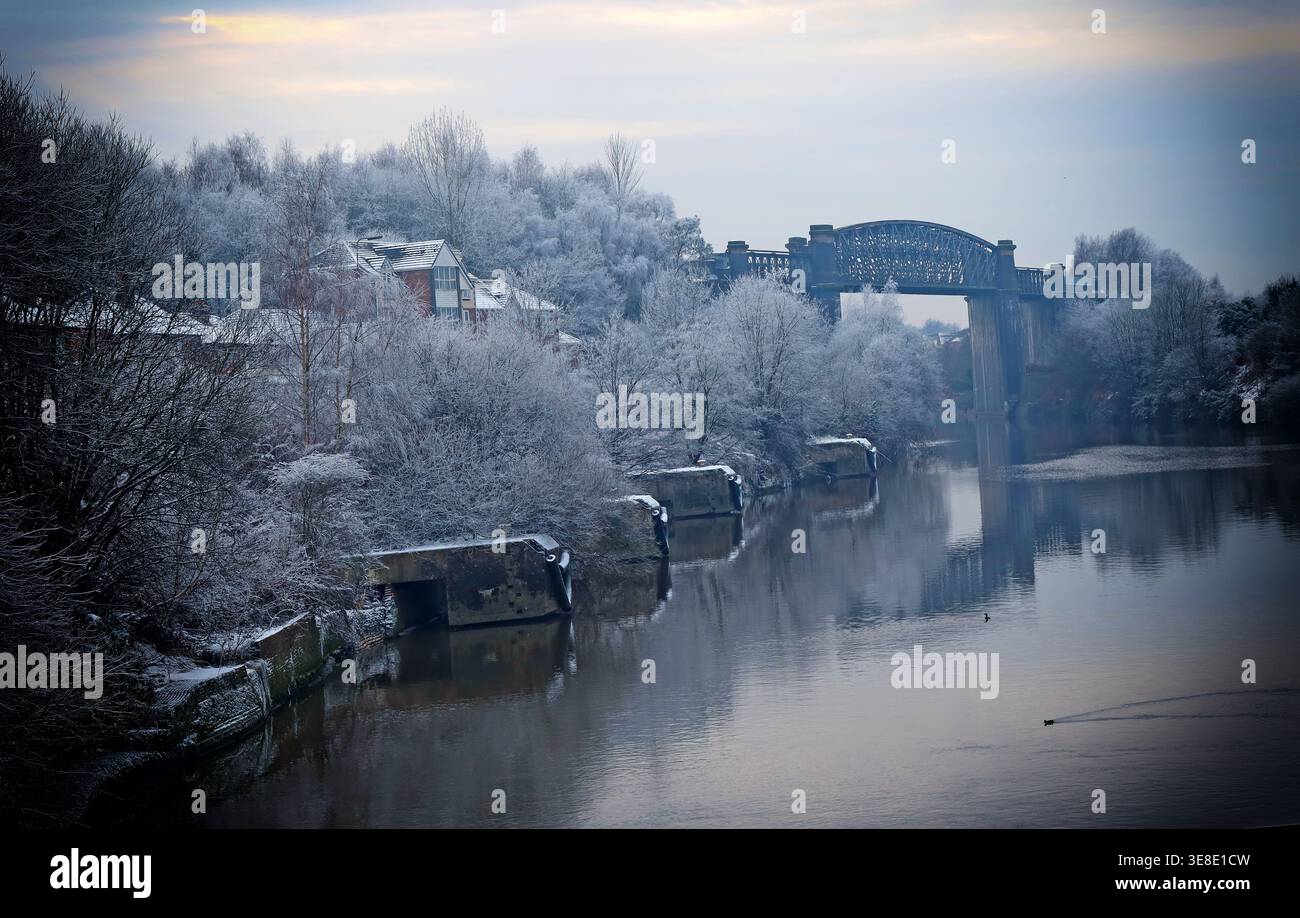 Thelwall Viaduct winter snow. Stock Photo