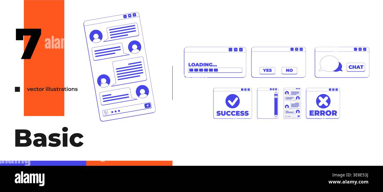 Basic chat and system neo brutalism line popup window pack Stock Vector