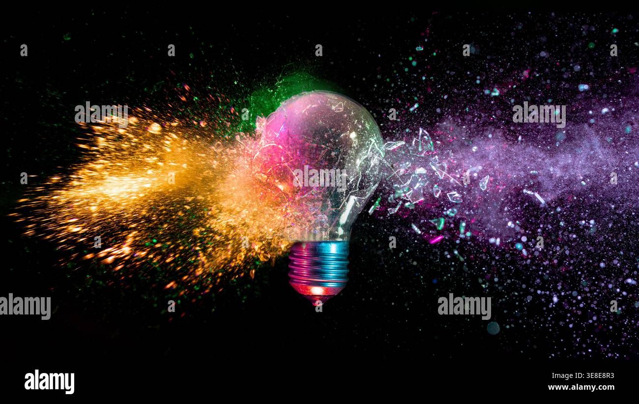 Real Light bulb exploding symbolizing creativity and innovation Stock Photo