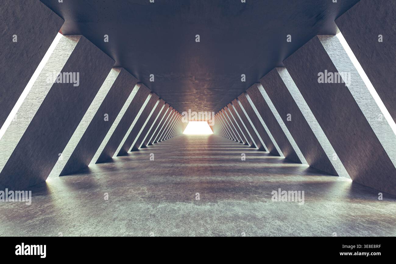 Futuristic concrete tunnel with geometric architecture 3d Stock Photo
