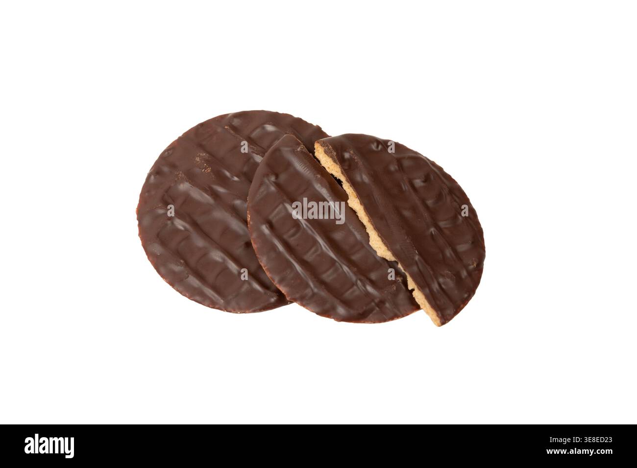 Black chocolate coated digestive biscuit isolated on white. Stock Photo