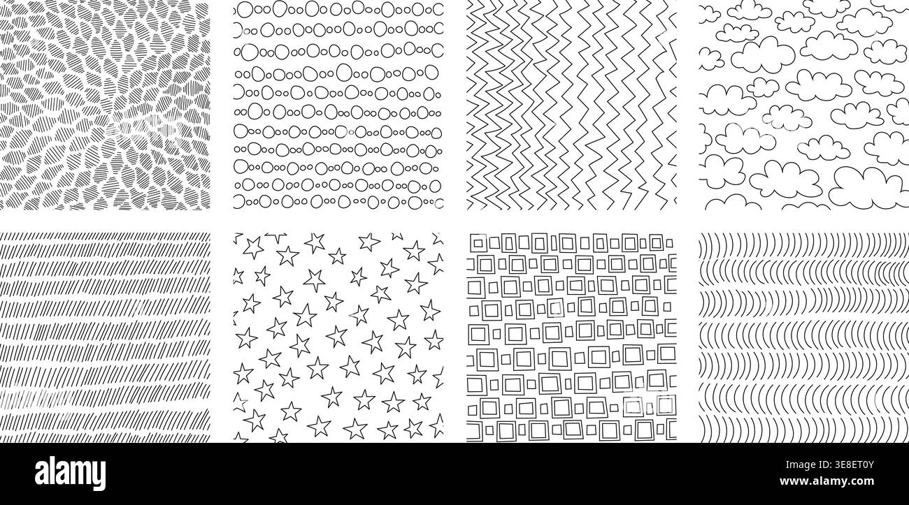 Crosshatch textures featuring hand-drawn line work and doodle pattern vector illustration set. Stock Vector
