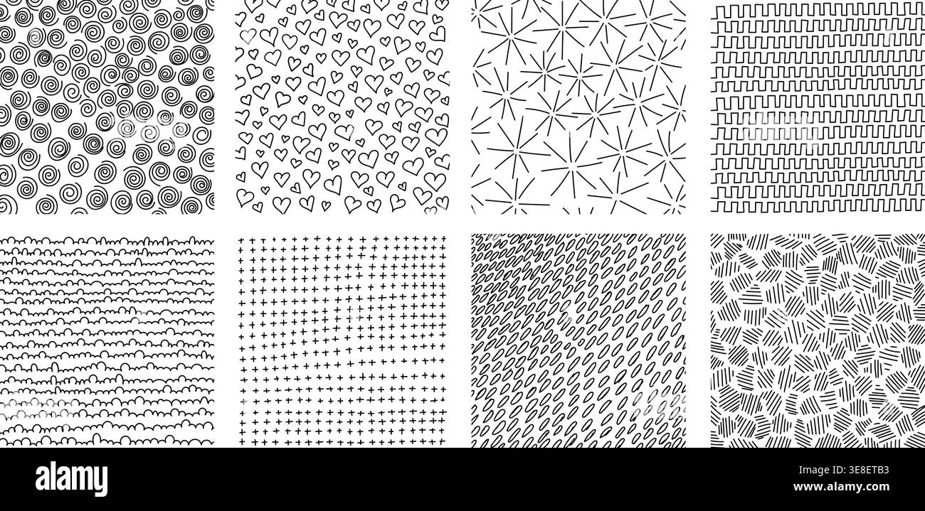 Crosshatch textures featuring hand-drawn line work and doodle pattern vector illustration set. Stock Vector