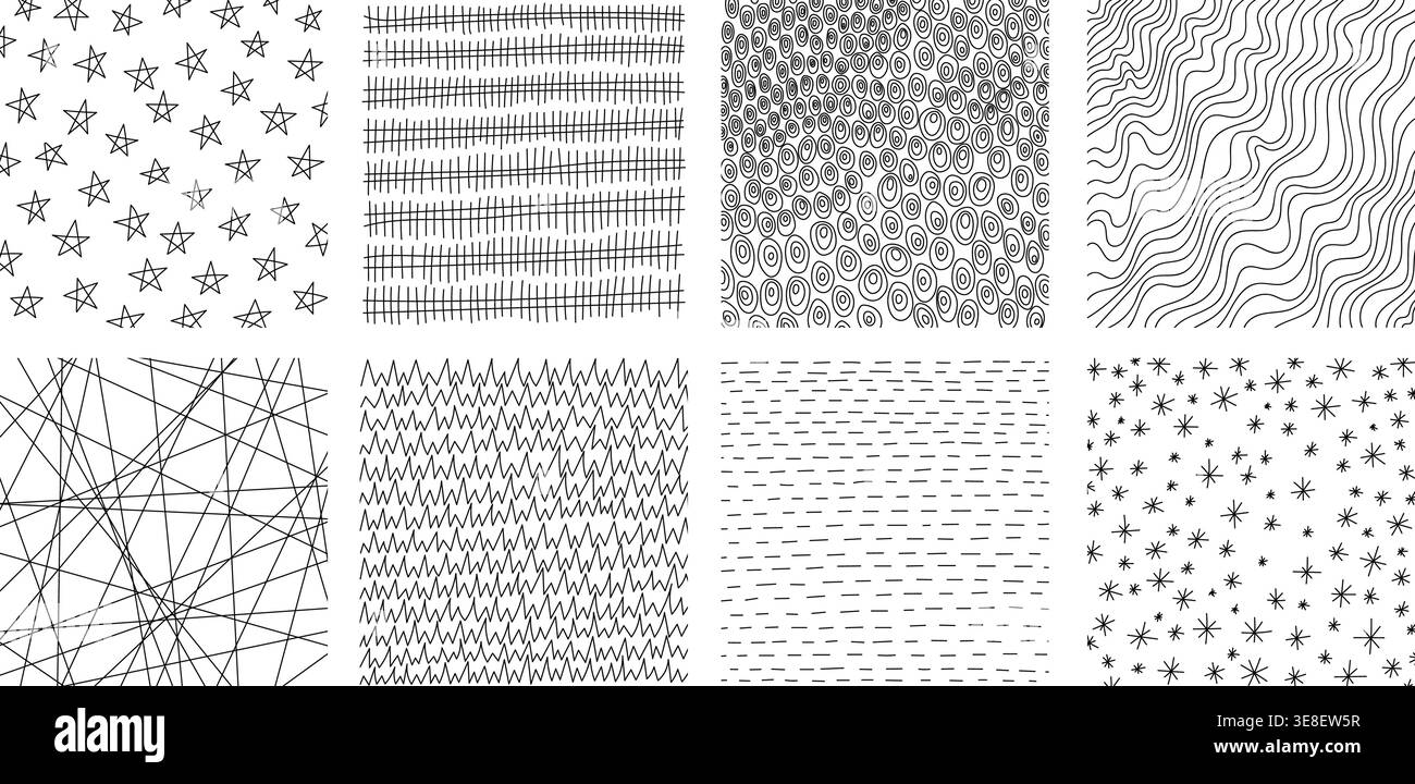 Crosshatch textures featuring hand-drawn line work and doodle pattern vector illustration set. Stock Vector