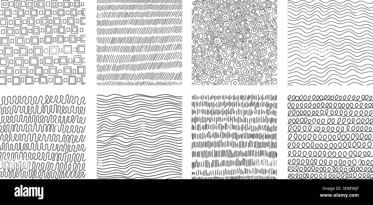 Crosshatch textures featuring hand-drawn line work and doodle pattern vector illustration set. Stock Vector
