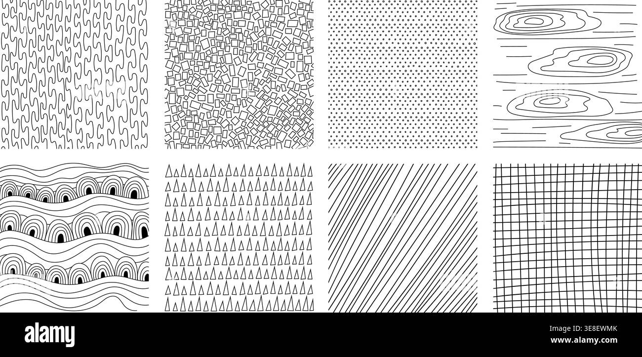 Crosshatch textures featuring hand-drawn line work and doodle pattern vector illustration set. Stock Vector