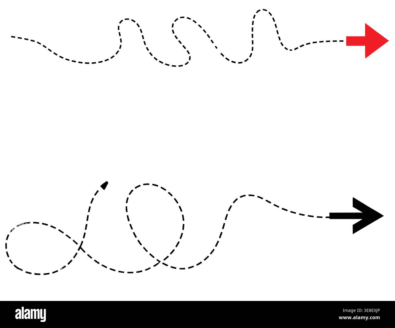 Comic dotted thin arrow set, Wavy curved dash pointer collection, Squiggle sketchy direction or trajectory lines Stock Vector