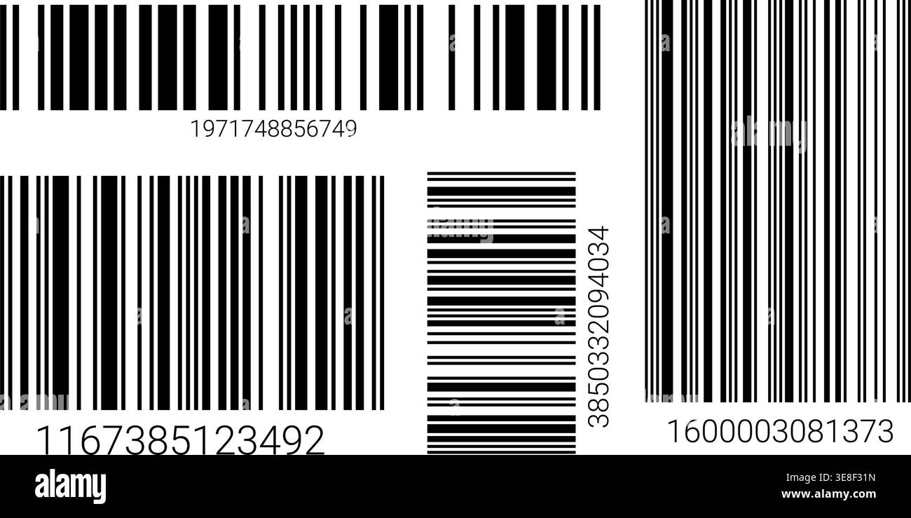 EAN-13 barcode label set with black lines on white background. Stock Vector