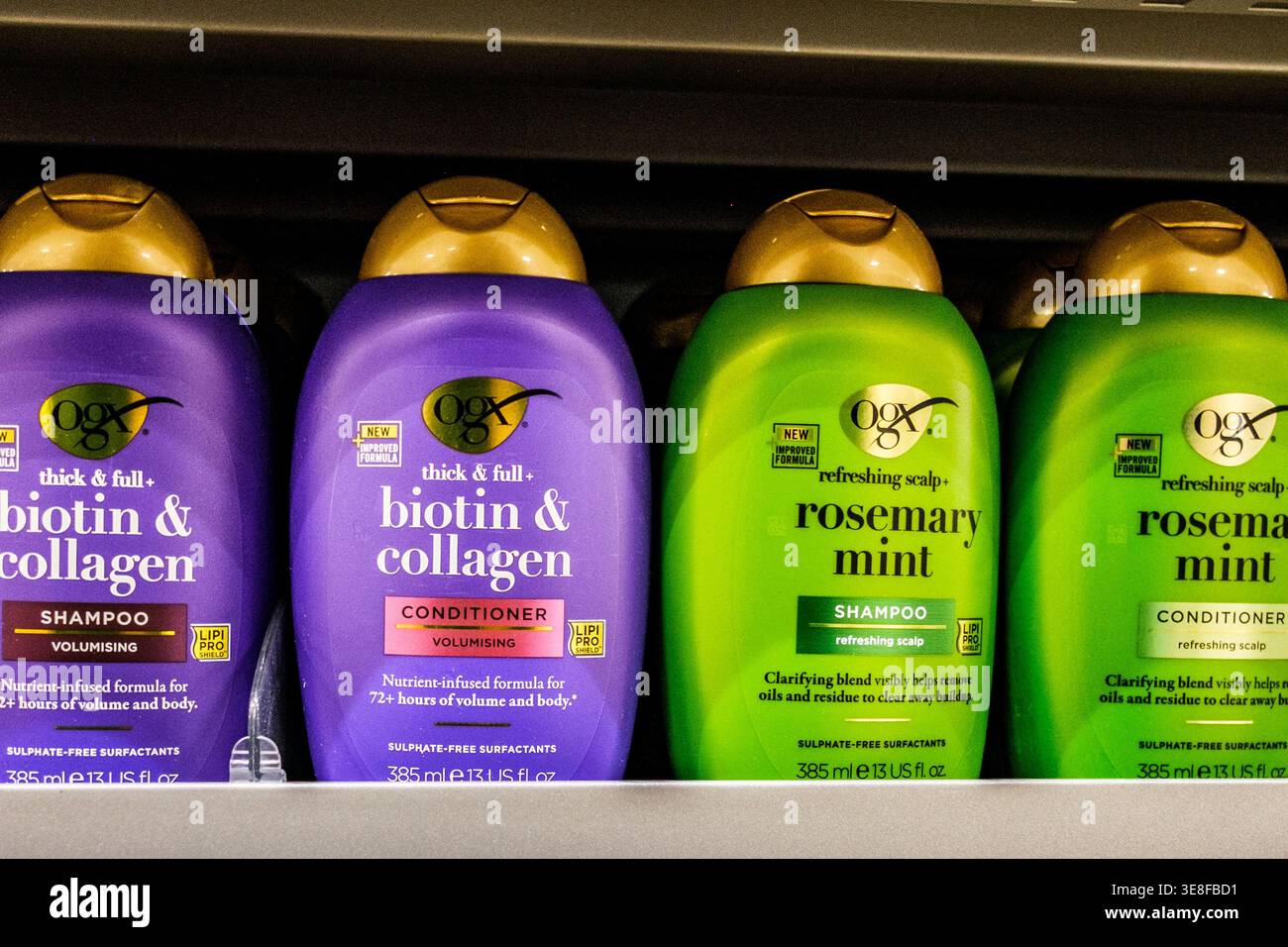 London UK, April 14 2026, Display of OGX Volumising Hair Shampoo and Conditioner Beauty Product With No People Stock Photo