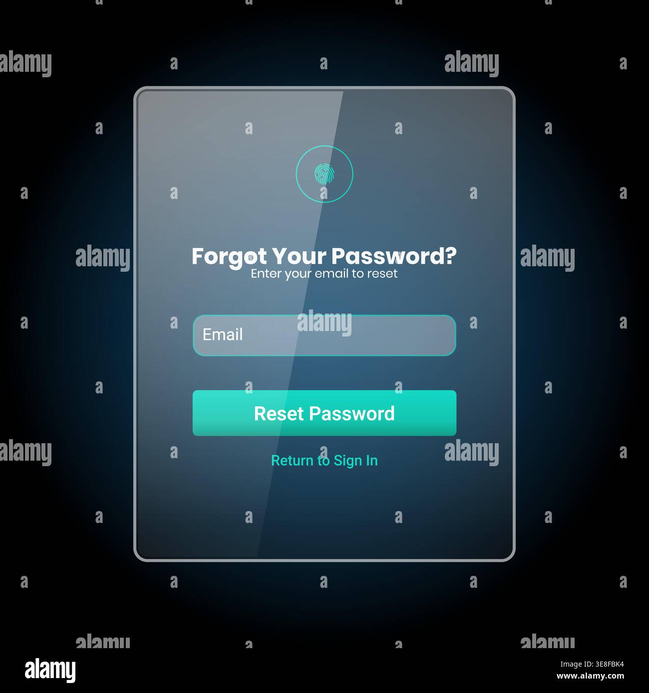 A sleek and modern forgot password user interface design featuring glassmorphism style on a dark blue gradient background. Includes email input field, Stock Vector