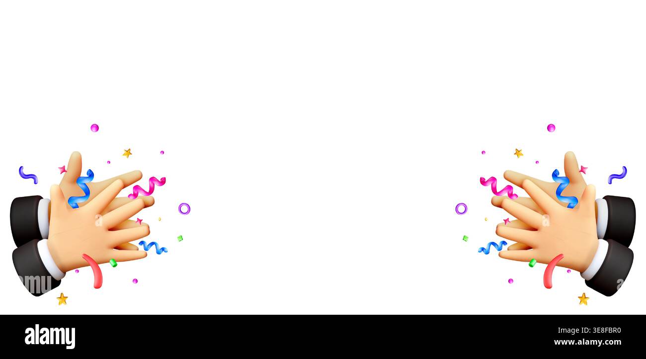 3D Hands clapping with colorful confetti for celebration Stock Vector