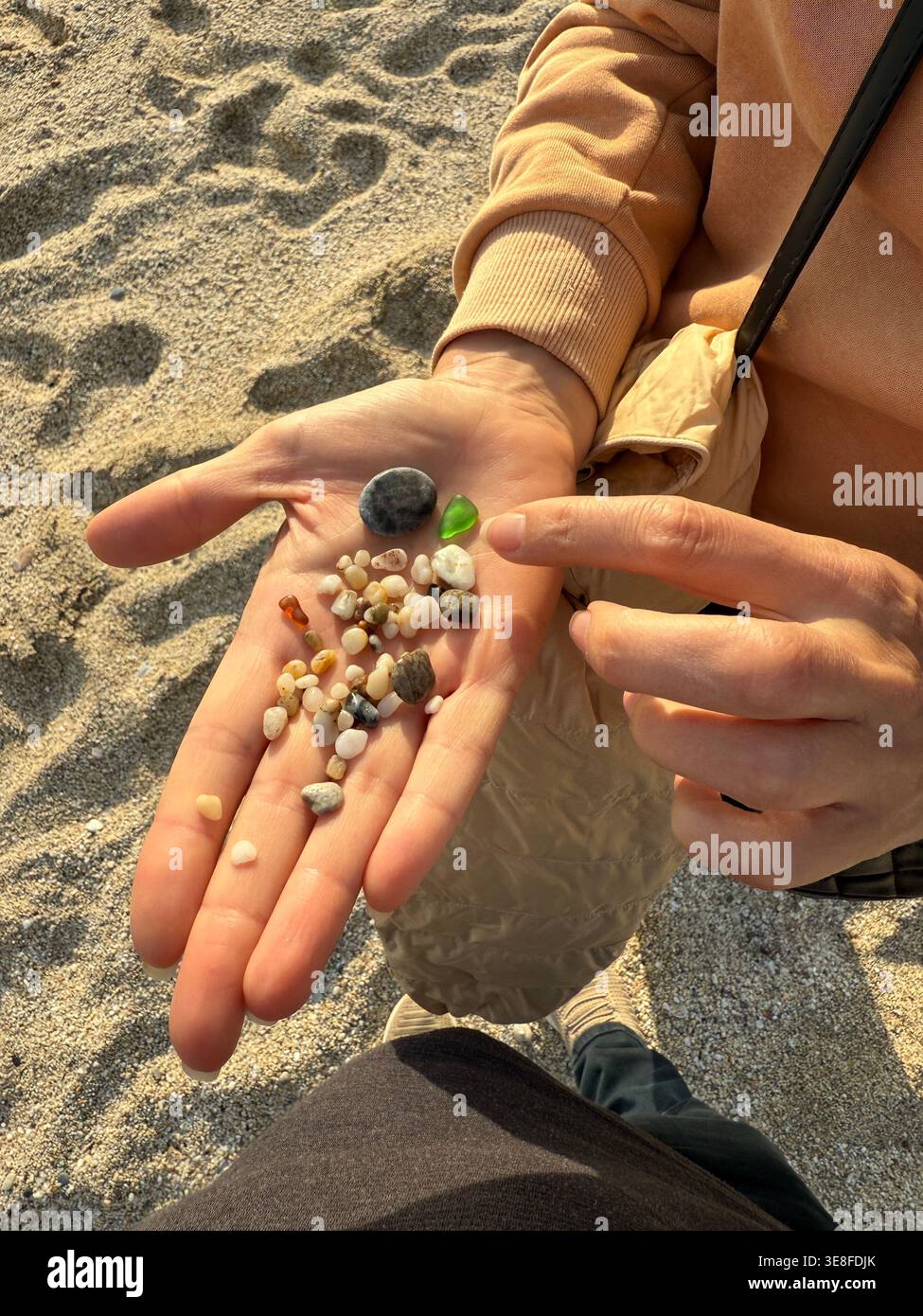 Hand collecting small pebbles and sea glass on sandy beach on a sunny day. Mobile photo Stock Photo