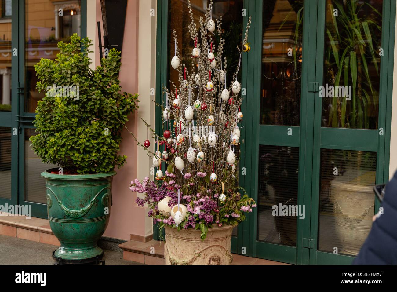 Decorated Egg Tree Outside Green Doorway Stock Photo
