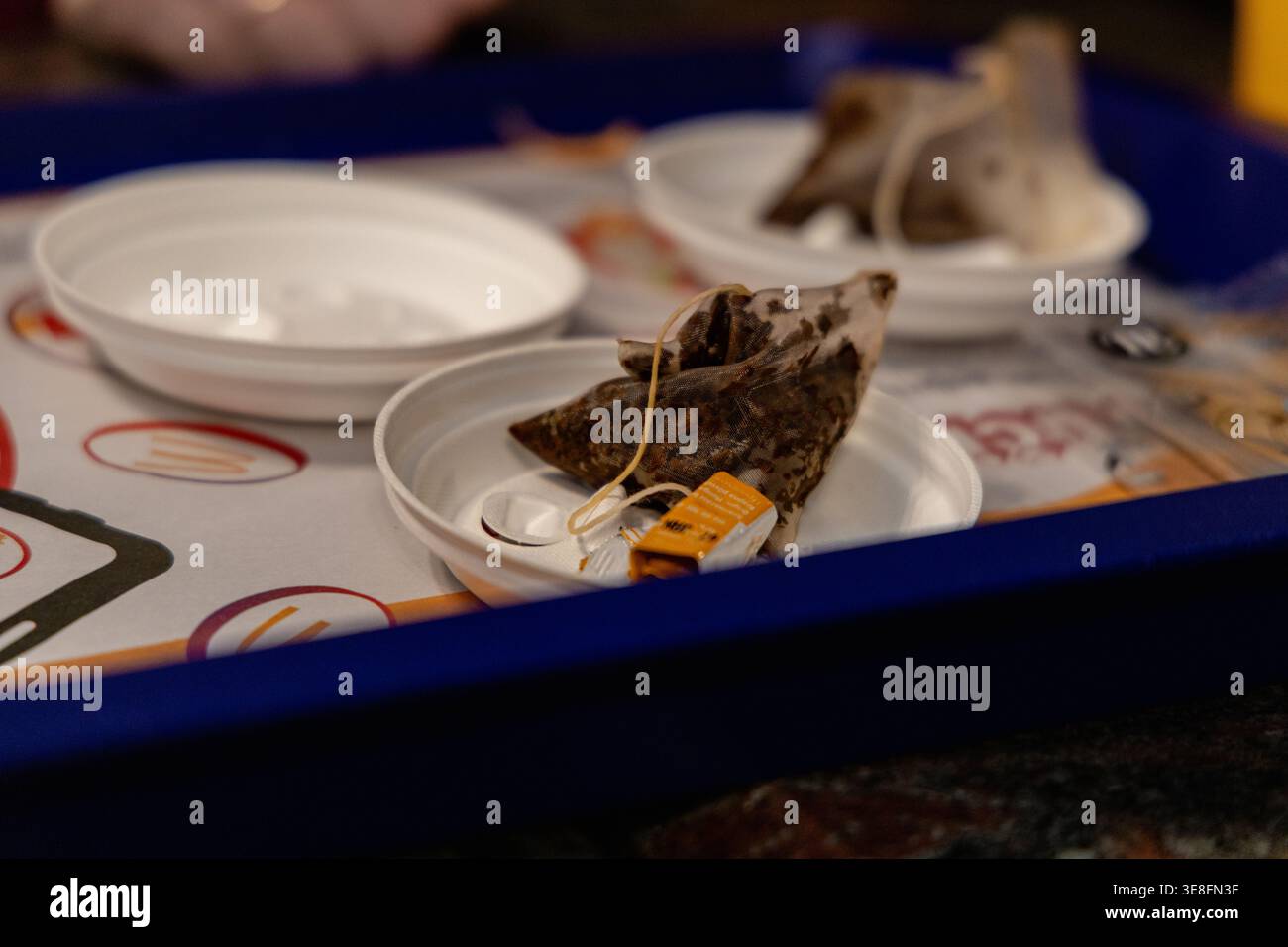 Used Teabags Plastic Plates Indoors Warm Stock Photo