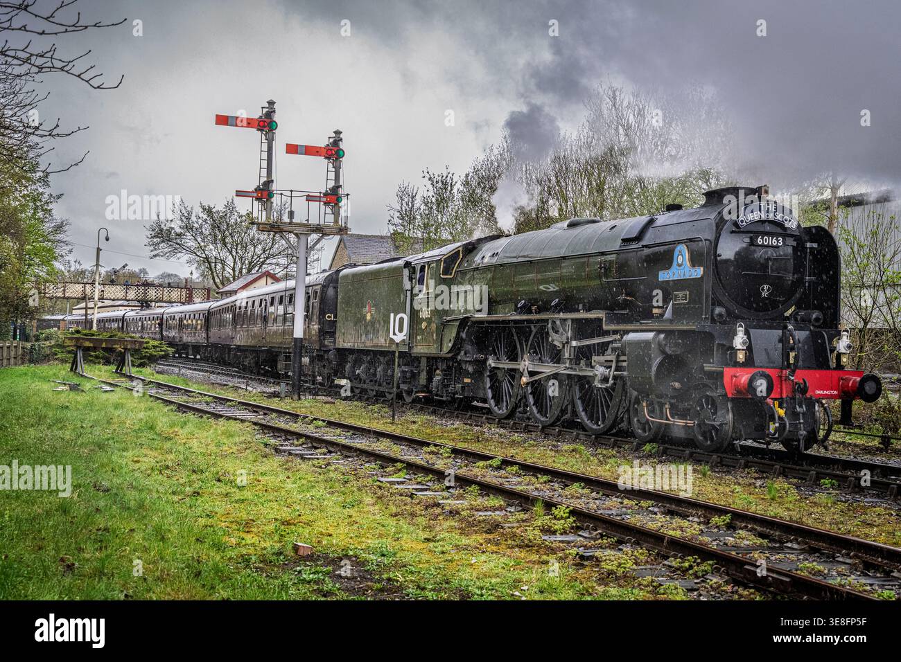 Amidst the cloudy sky, Tornado, the iconic Peppercorn Class A1 steam locomotive, proudly pulls a train out of Ramsbottom station, evoking memories of Stock Photo