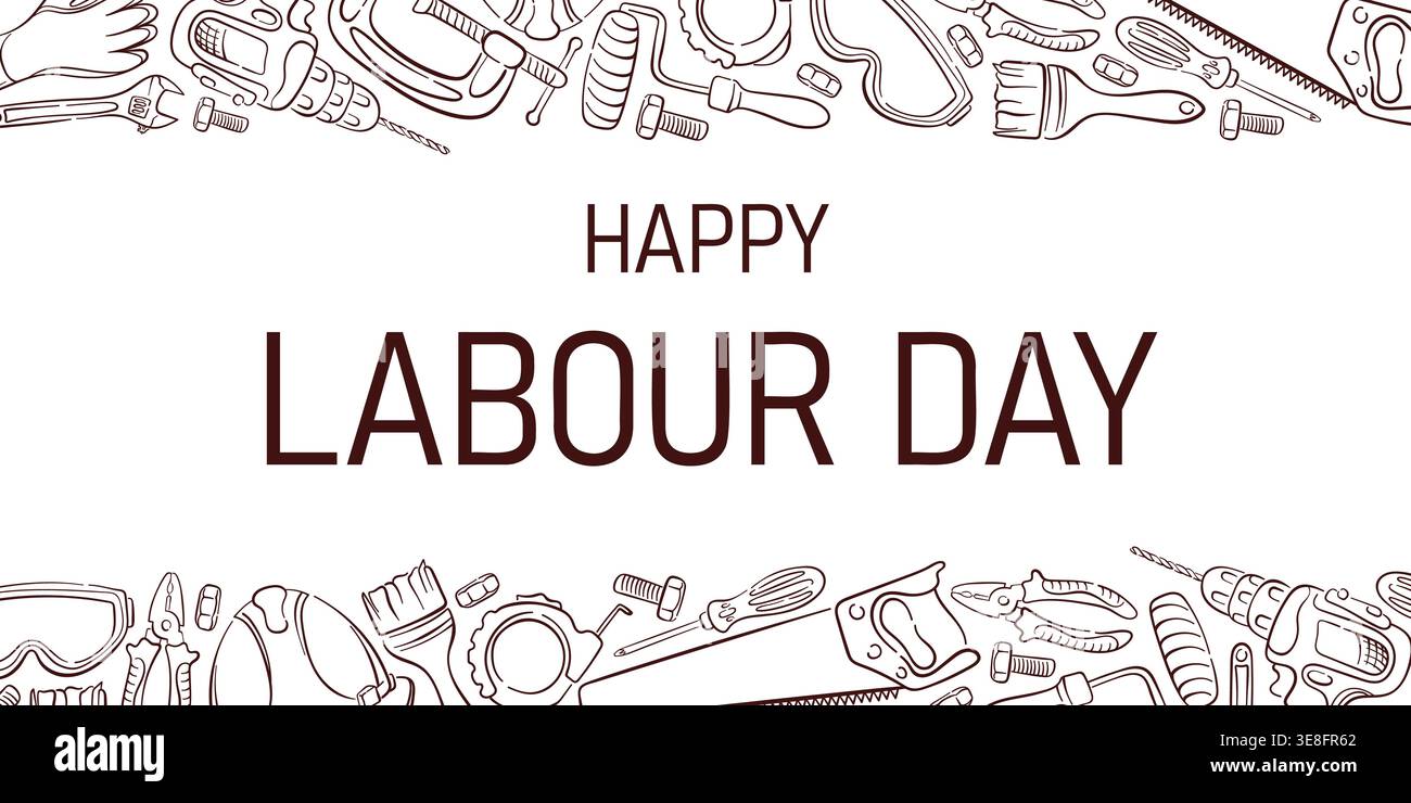 Happy Labour Day greeting card with line art style tools forming decorative border. Illustration on white background for posters, banners, social Stock Vector