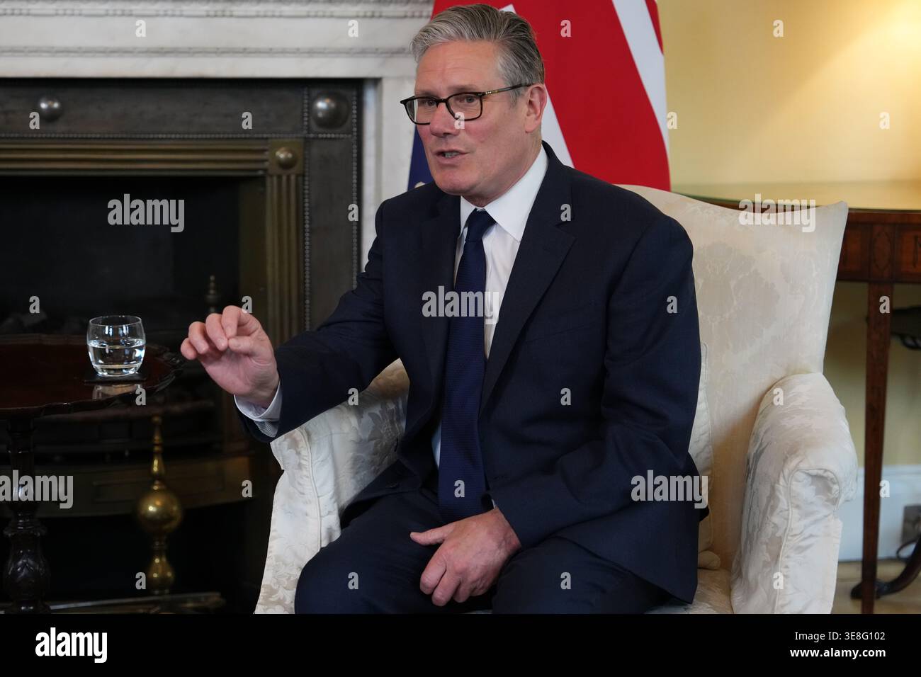 Britain's Prime Minister Keir Starmer gestures as he meets Rob Jetten, Prime Minister of the Netherlands, for bilateral talks at 10 Downing Street in London, Tuesday, April 14, 2026.(AP Photo/Kirsty Wigglesworth, Pool) Stock Photo