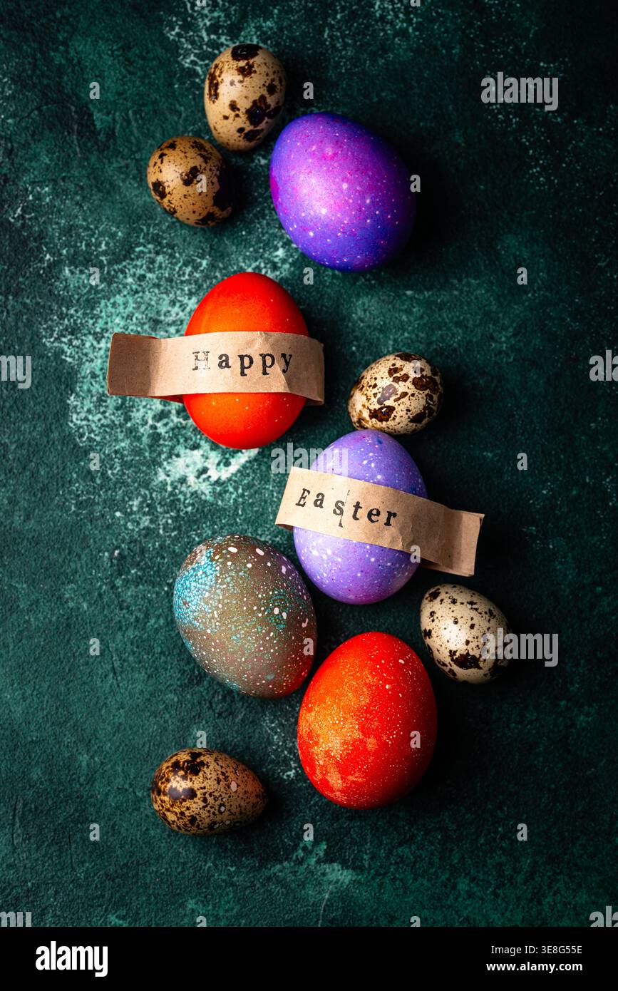Easter eggs painted in purple and red Stock Photo