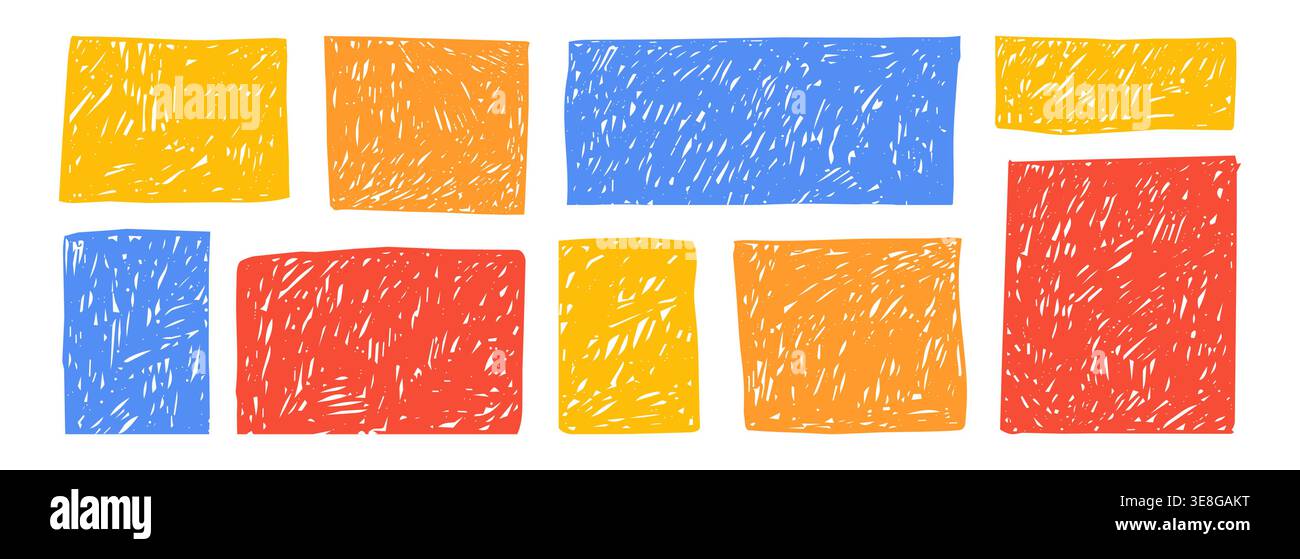 Crayon freehand scribble texture set text boxes, chalk frames. Borders in sketch style. Childlike grunge rectangles. . Vector illustration Stock Vector