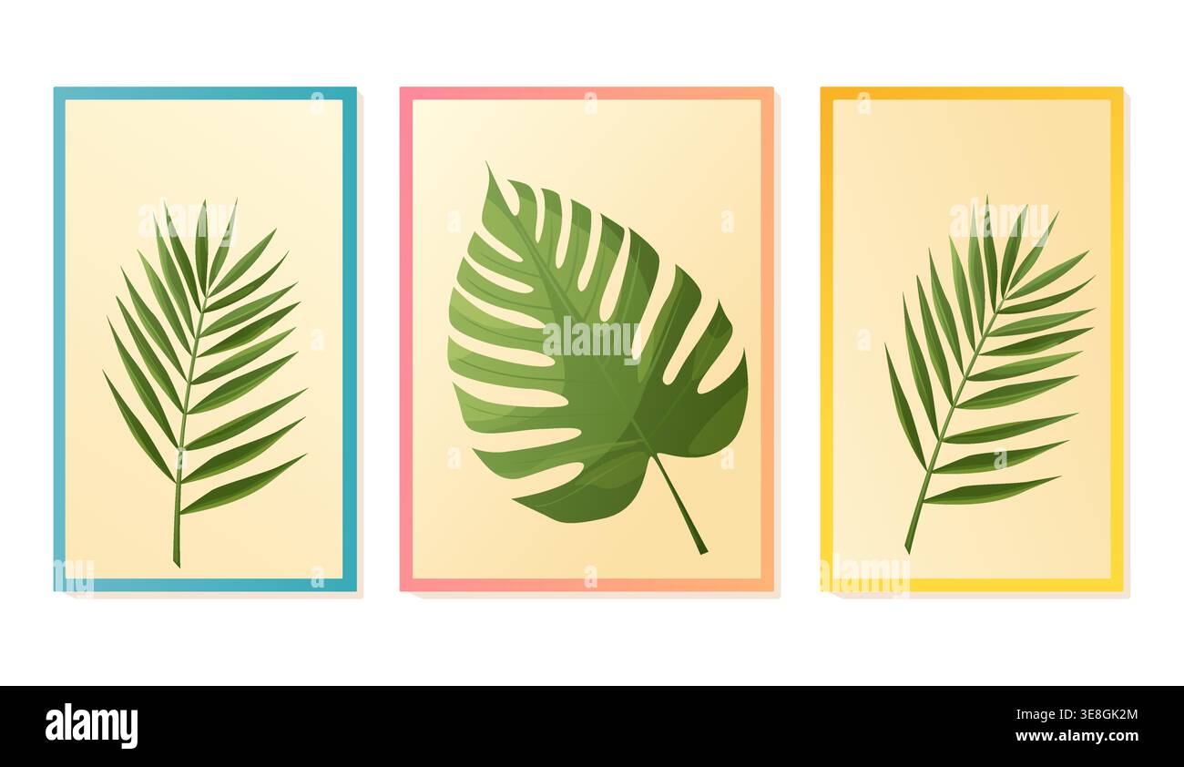 Tropical leaves vector illustration set with framed botanical elements Stock Vector