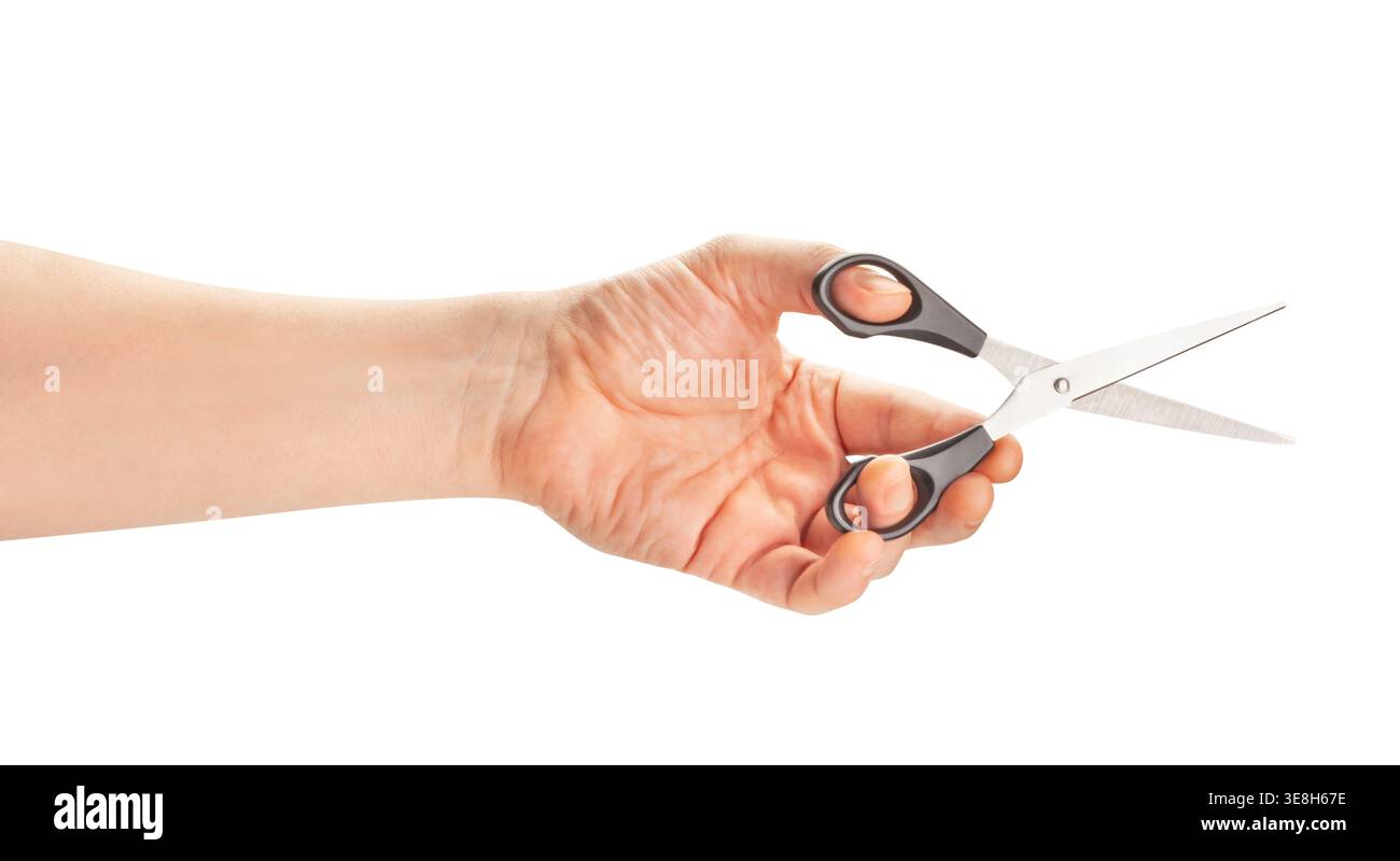 scissors in hand path isolated on white Stock Photo