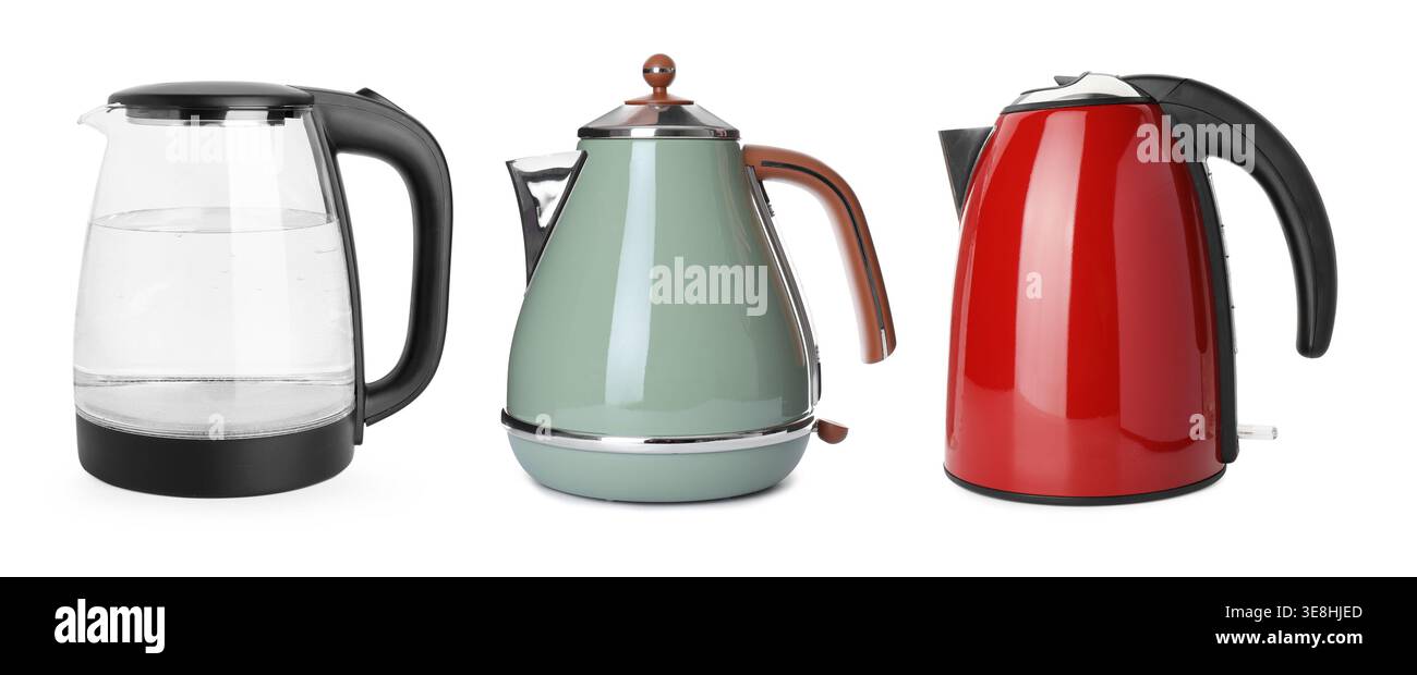 Different electric kettles isolated on white, set Stock Photo