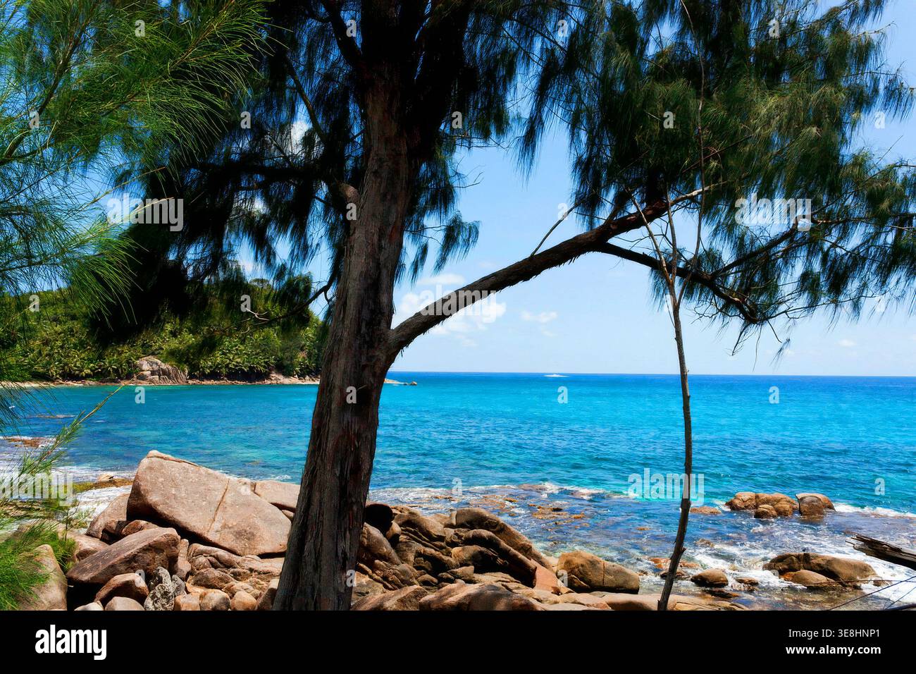 Tropical coastline with granite rocks and turquoise water on Mahe Island, Seychelles Stock Photo