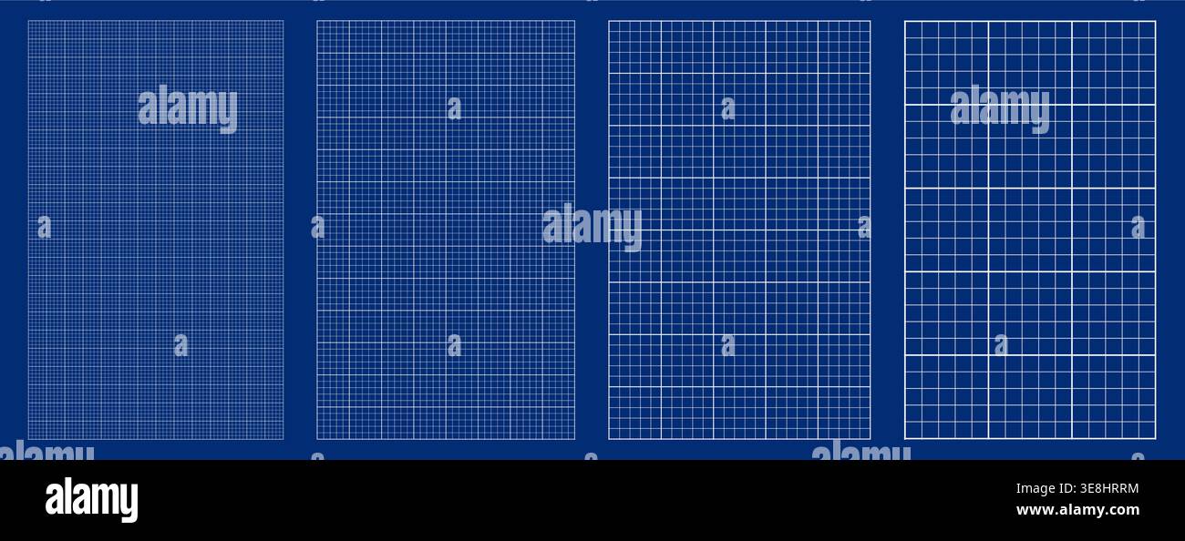 Blueprint grid set millimeter dot cell geometry, four scale variations. Wide medium dense micro spacing comparison, engineering layouts dashboards notebook pages interface planning systems graphics. Stock Vector