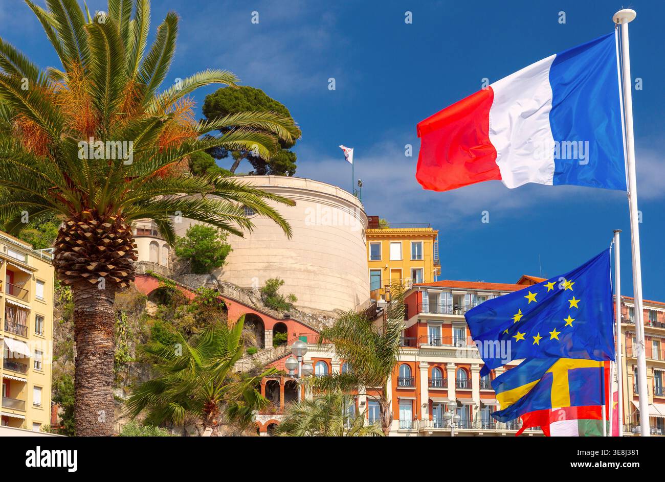 View of French and European Union flags waving beside palm trees and ...