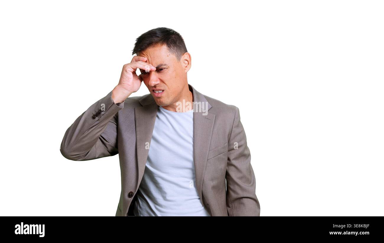 Stressed man suffering headache with transparent background Stock Photo