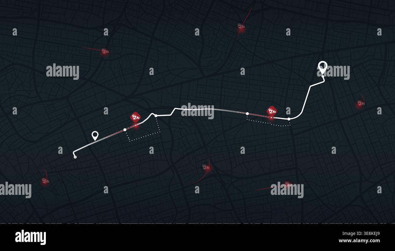 Dark city map with route, GPS navigation, and dangerous zones marked in ...