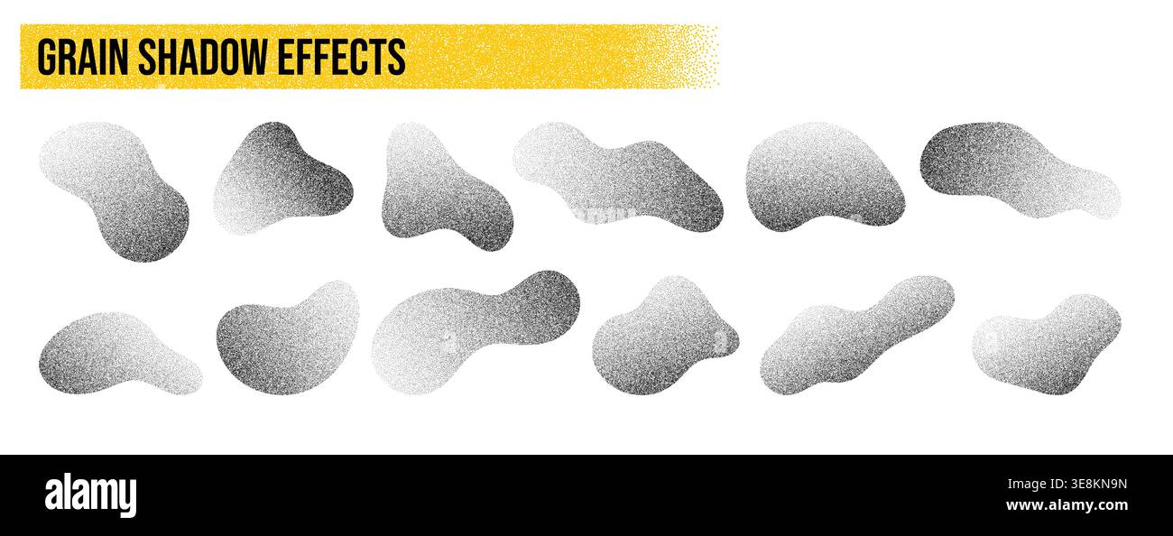 Noise grain dots and blob shapes with gradient pattern background, vector abstract halftone texture. Noise grain blobs with monochrome gradation and half tone gradient effect of dots liquid shapes Stock Vector