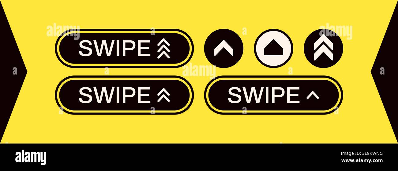Six swipe up buttons drawn in black and white color on yellow background. Stock Vector