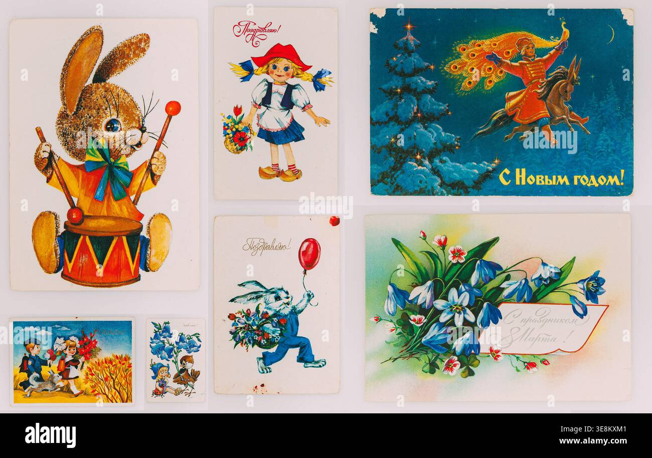 Different Reproductions of russian soviet antique postcards. Collage of ...