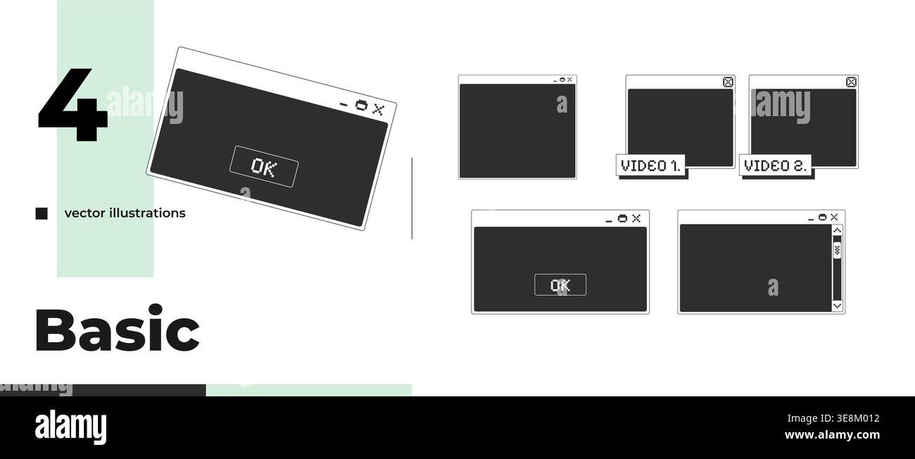 Basic monochrome pixel pop-up window pack Stock Vector
