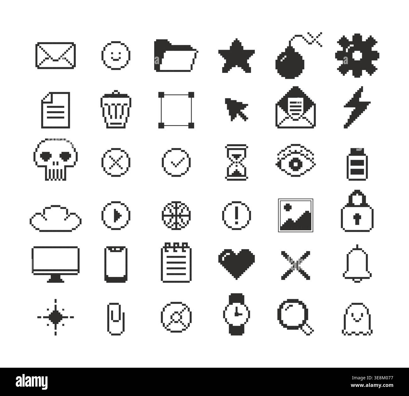 Media communication tools black and white pixel art icon set Stock Vector