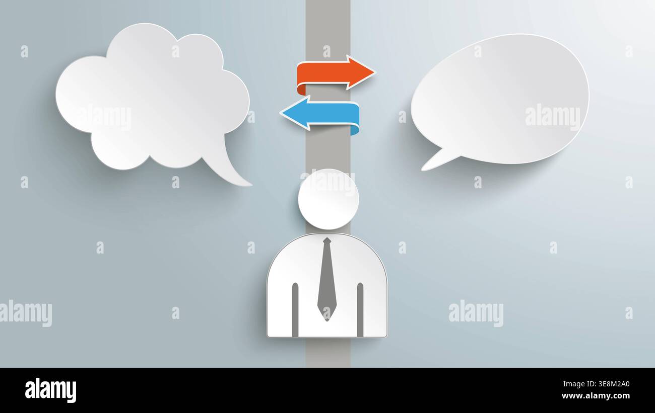 Pres Empt 2 White Speech Bubbles 2 Arrows Businessman Modern business communication infographic with speech bubbles and bidirectional arrows showing i Stock Photo