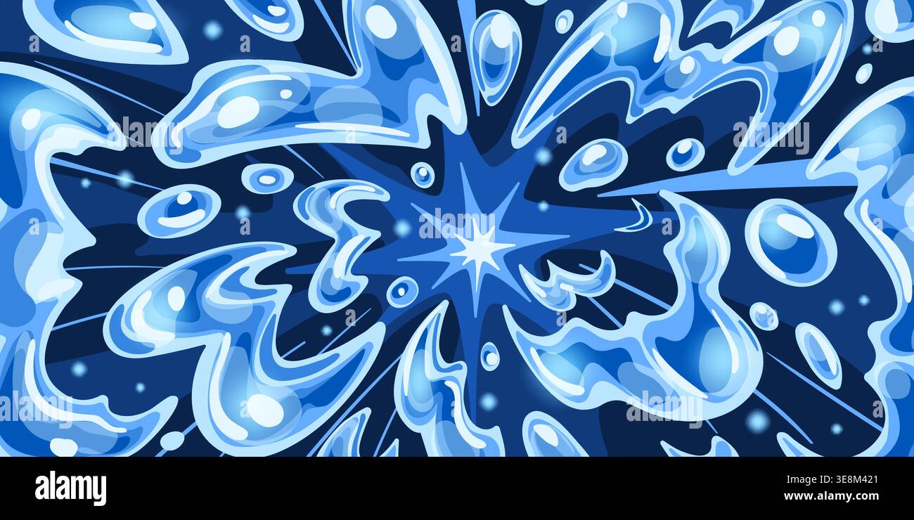 Water explosion background. Wave splash burst comic effect, blue liquid radial blast aqua boom anime manga action cartoon summer game splatter texture ingenious vector illustration original artwork Stock Vector