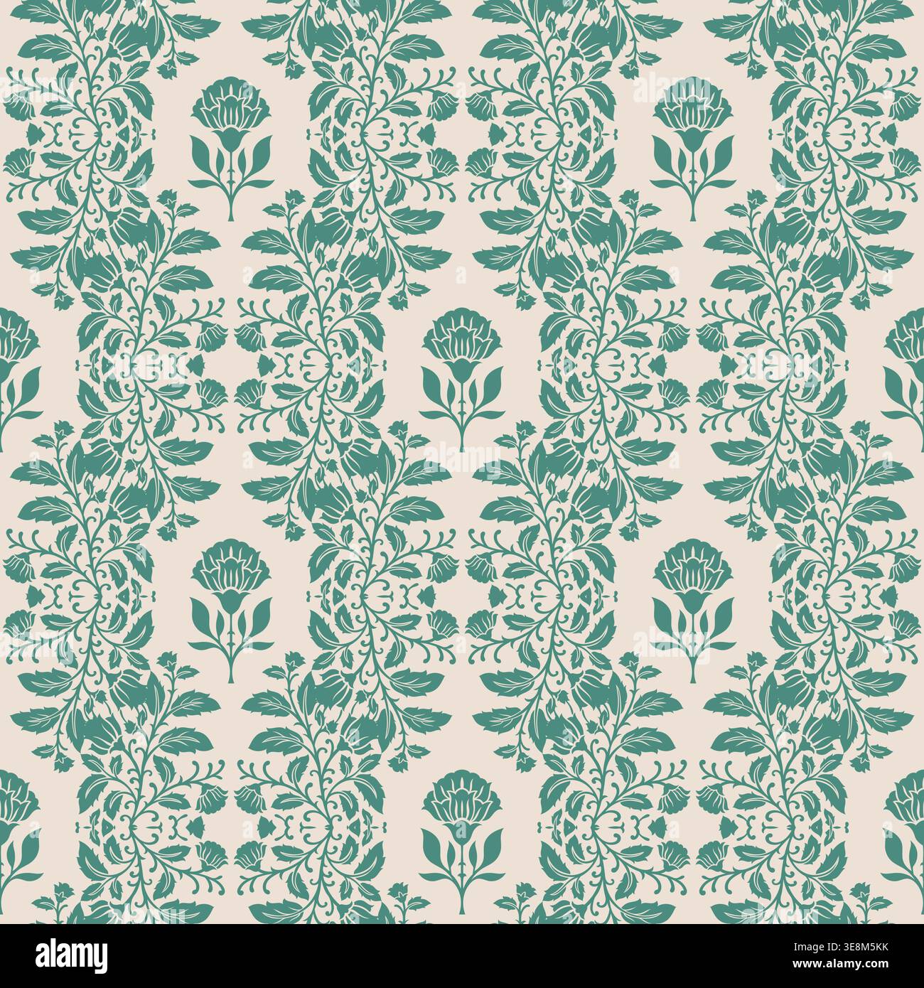 Vertical Cream Damask Jade Vines Stock Vector