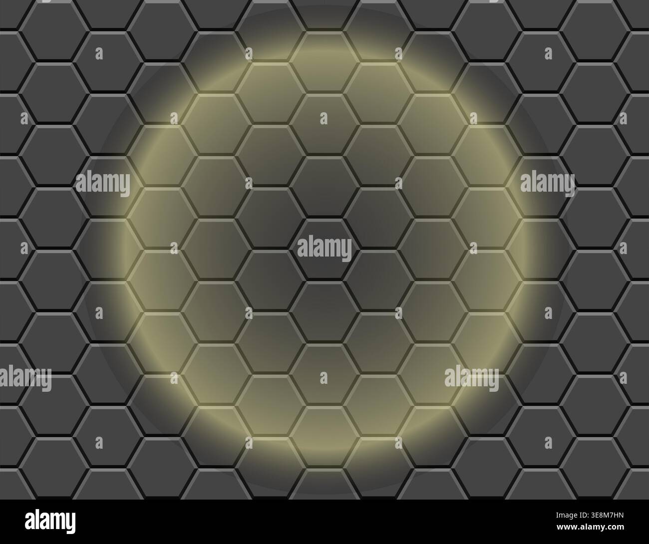 Dark hexagonal honeycomb pattern with soft circular glow creating a futuristic effect. Stock Vector