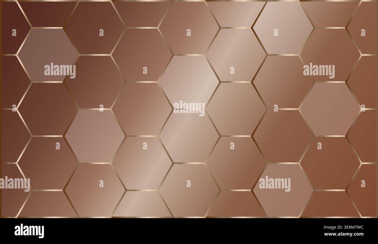 Bronze metallic hexagonal honeycomb background with smooth abstract gradient surface. Stock Vector