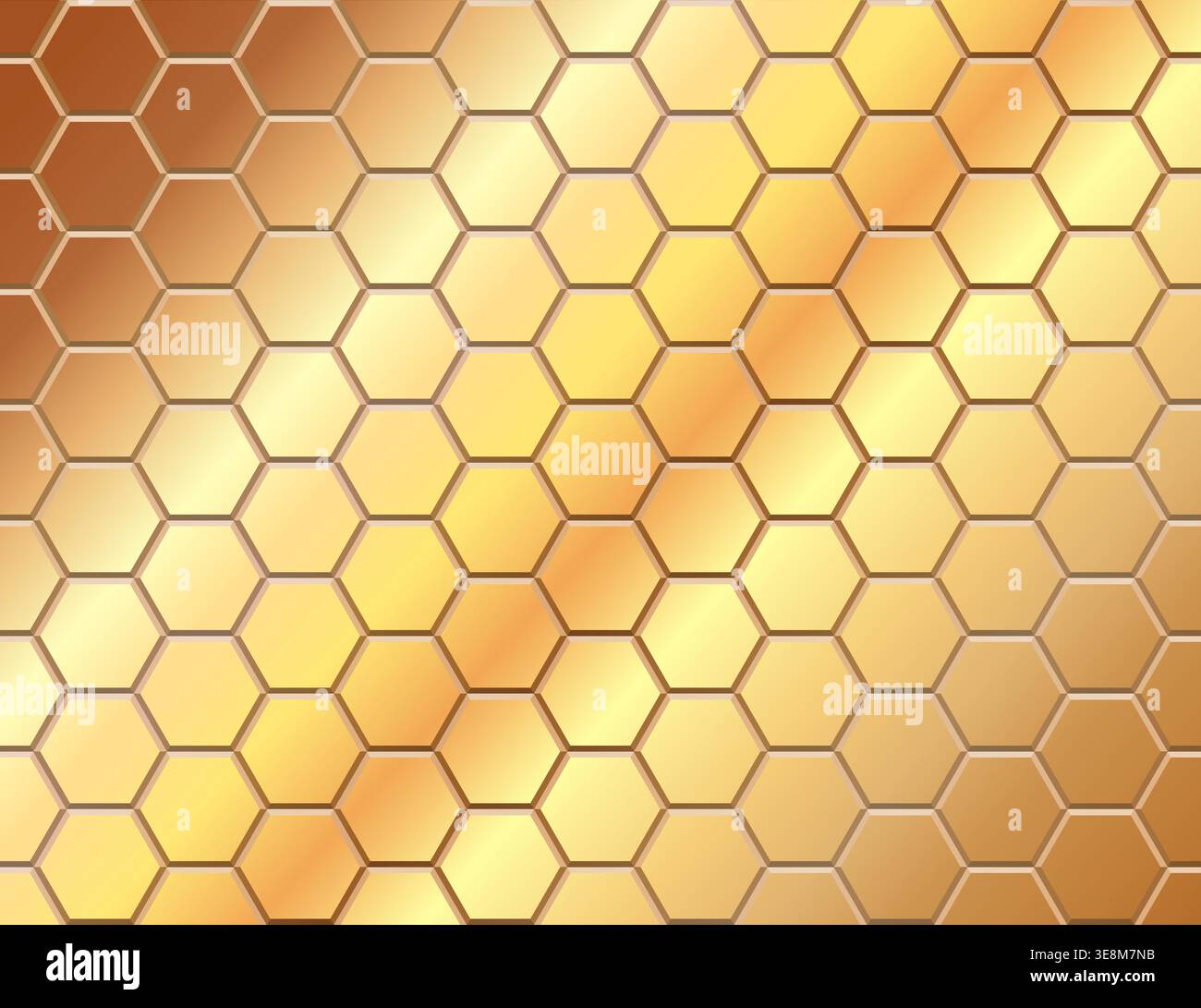 Golden metallic hexagonal honeycomb pattern with warm gradient seamless design. Stock Vector