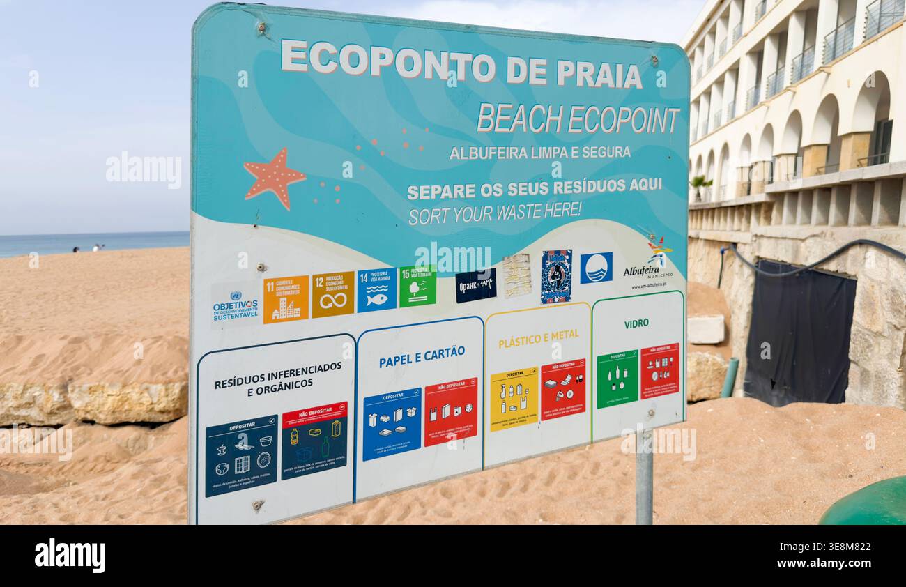 Beach ecopoint sign for waste sorting in Albufeira Portugal providing recycling instructions for plastic metal glass and organic waste - Smartphone Captured Stock Image