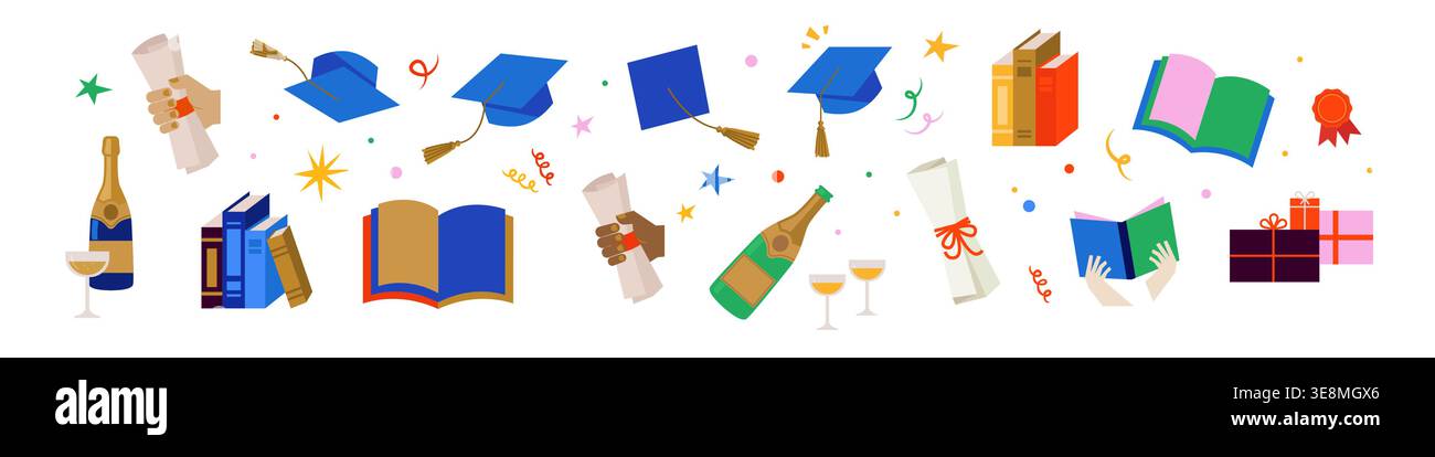 Graduation Icon Set and Decorative Border. Flat Vector Elements of Mortarboards, Diplomas, Books, Champagne, Confetti and Horizontal Strip. Stock Vector
